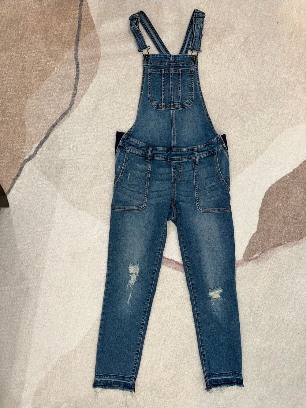 Maternity- Denim Blue Women's Distressed Overalls